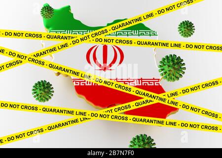 Iran-Flagge und Coronavirus 2019-nCoV-Warnschild. Konzept der hohen Wahrscheinlichkeit eines neuartigen Coronavirus-Ausbruchs durch Reisende Touristen. 3D-Rendering Stockfoto