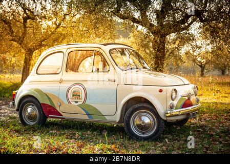 Assisi, Italien. Januar, 3. 2020. Ein alter FIAT 500 parkte in einem Olivenhain. Stockfoto