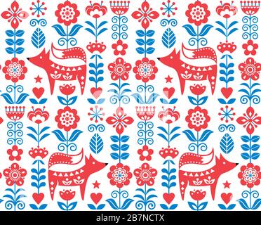 Skandinavische oder nordische Folkkunst Vektor nahtloses Muster mit Blumen und Fuchs, florales Textildesign, inspiriert von traditioneller Stickerei aus Schweden, Stock Vektor
