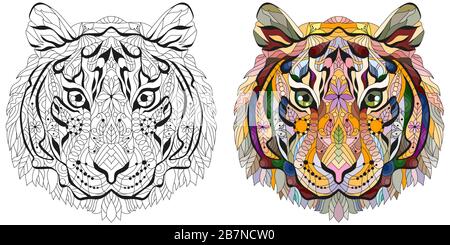 Zentangle Tigerkopf. Handgezeichnete dekorative Vektorgrafiken. Farb- und Gliederungssatz Stock Vektor