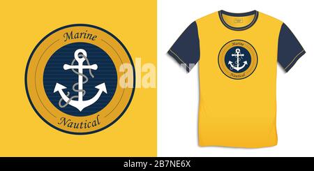 Auf T-Shirt-Grafik drucken, marinebellingelbes Rundlogo mit Anker und Seil, isoliert auf Hintergrundevektor Stock Vektor