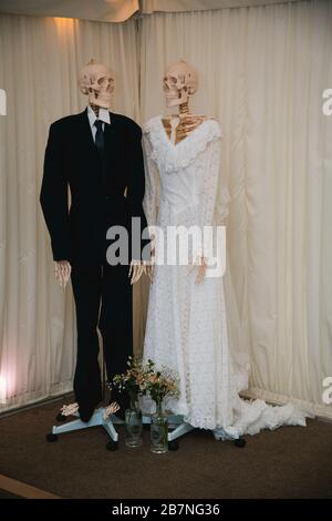 Skelette im Brautkleid Hochzeitskleid gerade verheiratet, Konzept Halloween Party. Stockfoto