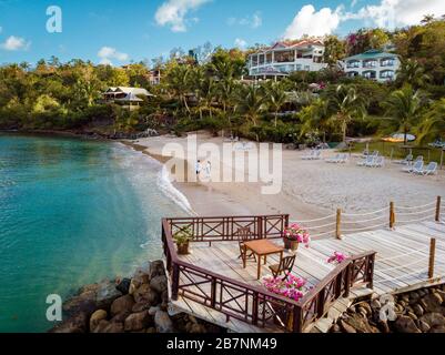 Saint Lucia caribbean, ein Paar auf Urlaub auf der tropischen Insel St. Lucia, Männer und Frauen auf einer ehrlichen Reise Stockfoto