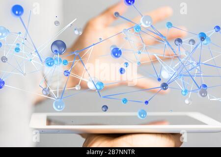 Männliche Hand hält eine Schnittstelle mit kleinen Kreisen verbunden Darstellung Globale Verbindungsdaten Stockfoto
