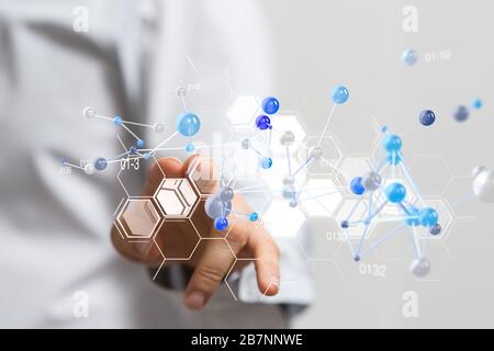 Männliche Hand hält eine Schnittstelle mit kleinen Kreisen verbunden Darstellung Globale Verbindungsdaten Stockfoto