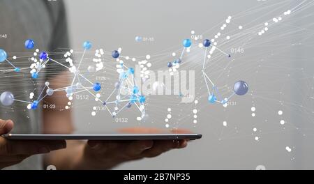 Männliche Hand hält eine Schnittstelle mit kleinen Kreisen verbunden Darstellung Globale Verbindungsdaten Stockfoto