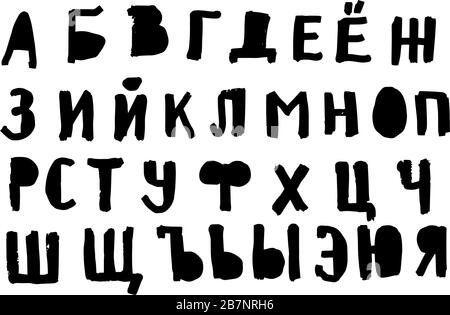 Kyrillisches Alphabet. Vektor-handgezeichnetes Alphabet isoliert auf weißem Hintergrund. Buchstaben umranden in schwarzer Farbe. Stock Vektor