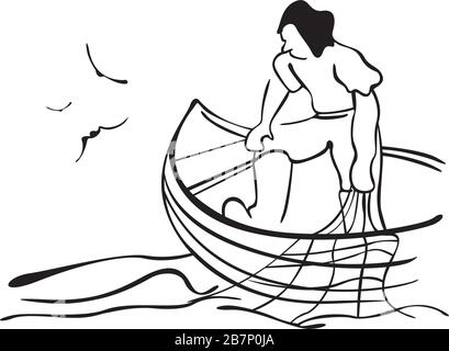 Fischer in einem Boot mit Fischernetz Stock Vektor