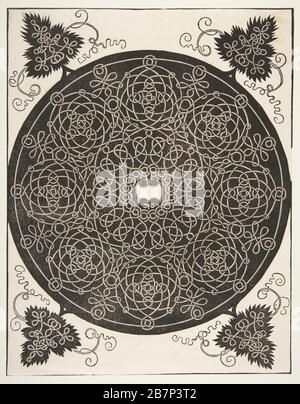 “der dritte Knoten”. Verschnürter Rundel mit acht Kränzen und einem Schallschild in seiner Mitte, 1521 vor. Stockfoto