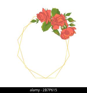 Ovaler polygonaler goldener Rahmen mit handgezogenen rosafarbenen Rosen-Blumen-Blumensträußen. Vorlage für Grußkarten. Stock Vektor