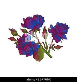 Clip-Art von blauen Rosenblüten. Handgezeichnete Vektorgrafiken Stock Vektor