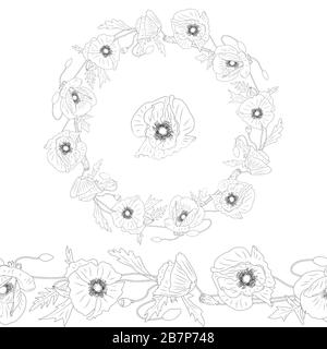 Handgezeichnete Mohnblumen Clipart. Elemente mit Blumenmuster, nahtlose Bürstenumrandung und Kranz. Isoliert auf weißem Hintergrund. Vektorgrafiken Stock Vektor