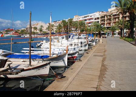 Am 12. November 2019 moorierten Fischerboote im Hafen von Alcudia auf der spanischen Insel Mallorca. Stockfoto