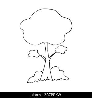 Schöner Baum mit Spreizung von Ästen, Sträuchern und Gras auf weißem Grund. National Forest Day. Das Konzept des Naturschutzes. Feder oder Stock Vektor