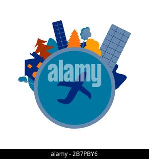 Planetenform. Bäume, Berge, ein Haus und Hochhäuser rund um den Rand. Ein Flugzeug in der Mitte des Planeten. Bunte Illustration auf einem weißen Backgrou Stock Vektor