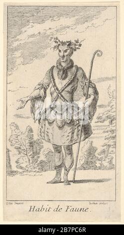 Habit de Faune: Ein Faun, der ein Tonnelett mit angeschlossener Flöte trägt, ein Rohrstock in der rechten Hand und Reben um seine Hörner herum, von "neuen Designs für Kostüme" (Nouveaux desseins d'habillements à l'usage des balets opers et comedies), Ca. 1721. Stockfoto
