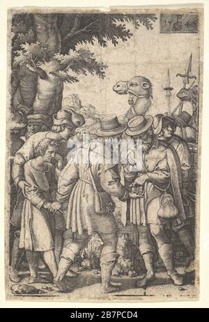 Joseph an die Händler verkauft: Ein bärtiger Mann, der Joseph mit der linken Hand erfasst, erhält Münzen in der rechten Hand, aus der Serie "die Geschichte Josefs", 1546. Stockfoto