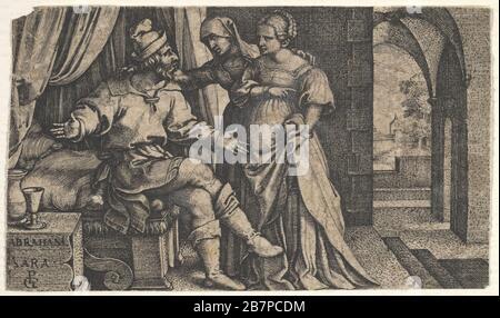 Sarah, die Hagar Abraham, der am Fuß eines Bettes sitzt, aus der Serie "die Geschichte Abrahams" vorstellt, kann. 1543. Stockfoto
