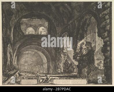 Die sogenannte Villa von Maecenas am Tivoli. Innenraum mit zwei Figuren in der Öffnung eines darüber befindlichen Bogens. (Veduta interna della Villa di Mecenate), ca. 1764. Stockfoto