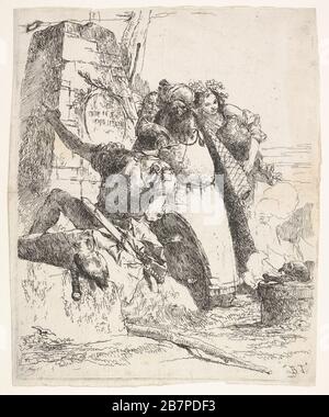 Eine Szene der Neuromantik: Eine Frau, die ein Gefäß trägt, ein umgedrehter Mann und ein Soldat blicken auf einen Sockel, auf dem ein Schädel- und Gliedmastknochen brennen, hinter der Gruppe ist ein bärtiger Gesichtsausdruck der männlichen Figur zu sehen, aus der Serie "Turnen der Phantasie" (Scherzi di Fantasia), Ca. 1743-57. Stockfoto