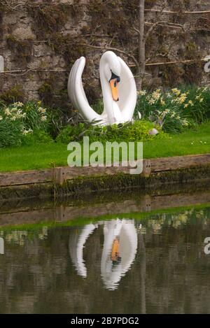 Eine der Skulpturen der 'Swans of Wells', die am Rande des Grabens vor dem Bischofspalast in Wells, Somerset, England, Großbritannien, sitzen Stockfoto