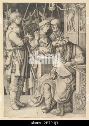 David, der vor Saul die Harfe spielt, ca. 1508. Stockfoto