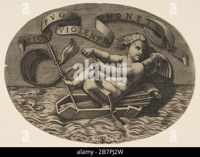 Eros, der auf dem Seeweg mit seinem Bogen entkommen konnte, um ein Boot aus seinem Köcher mit einem Pfeil zu fahren, wie der Mast und seine Augenbinde, wie das Segel, eine Banderole oben, Ca. 1515-27. Stockfoto