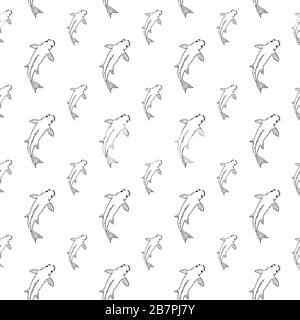 Koi Fish nahtloses Muster. Skizze der Handzeichnung. Schwarzer Umriss auf weißem Hintergrund. Vektorgrafiken können in Grußkarten, Postern, Flyern, Bannern, Logos, weiterem Design usw. verwendet werden. EPS10 Stock Vektor