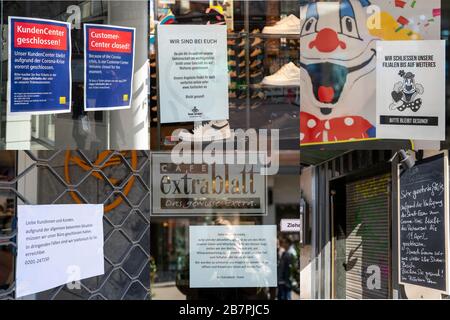 Auswirkungen der Coronavirus-Pandemie in Deutschland, Lebensmittel, geschlossene Restaurants, Kino, Reisebüro, Café, Geschäfte, Beratungsstellen, Stockfoto