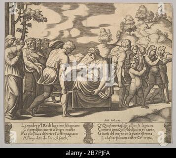 Platte 5: Psyche führte auf einem Wurf zu einem Berg, von 'Fabel der Psyche', 1530-60. Stockfoto