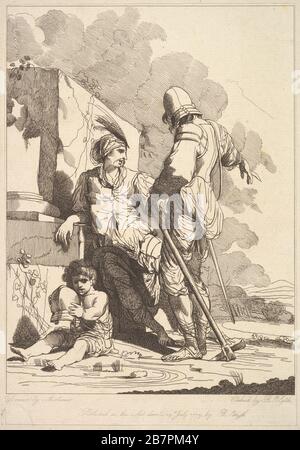 Zwei Soldaten und ein Kind, das einen Helm hält, 19. Juli 1779. Nach John Hamilton Mortimer. Stockfoto