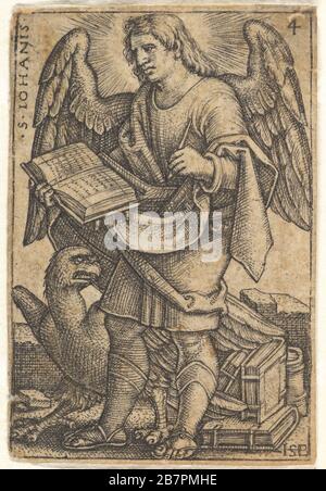 Platte 4: Der heilige Johannes mit seinem Kopf dreiviertel nach links gedreht, mit einem Buch in der rechten Hand und einem Adler zu seinen Füßen, von "die vier Evangelisten", 1541. Stockfoto