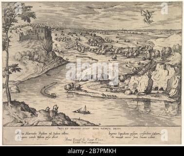 Flusslandschaft mit Merkur verschleppende Psyche, ca. 1595. Nach Pieter Bruegel dem älteren Stockfoto