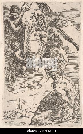 Allegorie auf den Fluss Foglia und die Stadt Pesaros Wappen, Frontispiz für "Il Pesarese", 1639. Stockfoto