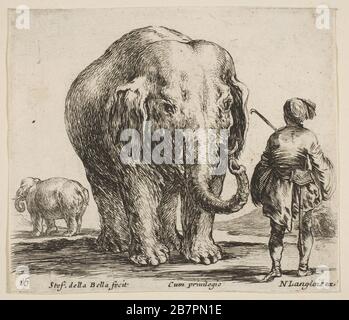 Platte 16: Ein Elefant in der Mitte, sein Mahout rechts stehend mit einem orientalischen Kostüm, ein weiterer Elefant links im Hintergrund, von 'Diversi capricci', ca. 1644-47. Stockfoto