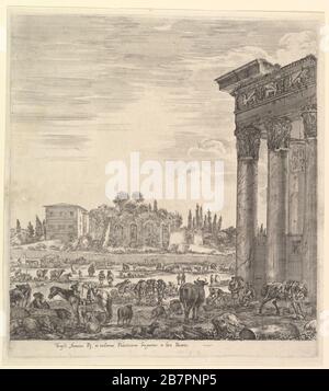 Die Säulen des Antoninus-Tempels rechts, ein Teil des Campo Vaccino in der Mitte und links, zusammen mit verschiedenen Tieren und Figuren, die Palatin im Hintergrund, von 'Six Large Views, Four of Rome, Und zwei der römischen Landschaft' (sechs Grandes vues, dont quatre de Rome et deux de la Campagne romaine), 1656. Stockfoto