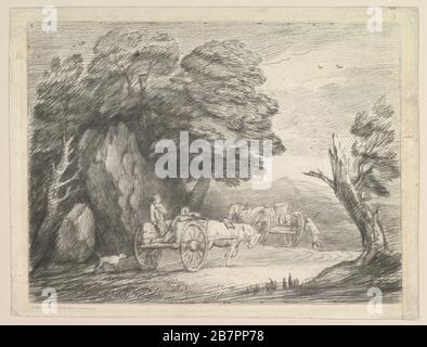 Bewaldete Landschaft mit zwei Landkarren und Figuren, 1. August 1797. Stockfoto