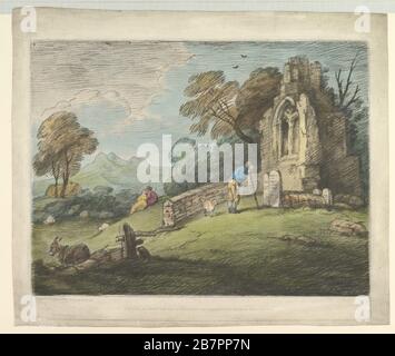 Bewaldete Landschaft mit Bauernlese Tombstone, rustikale Liebhaber und zerstörte Kirche, 1. August 1797. Stockfoto