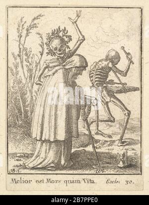 Alte Frau, vom Tanz des Todes, 1651. Stockfoto