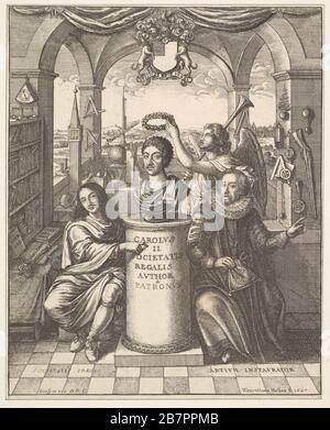 The Royal Society, Frontispiece to Thomas Sprat, "The History of the Royal Society of London.", 1667. Stockfoto