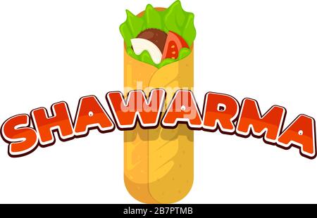 Shawarma Fast Food Fleischrolle mit Inschrift Restaurant Menü Werbung Zeichen Design Vorlage. Arabisch-östlicher Kebab-Döner-Kebab-Mahl. Shaurma oder burrito Business Emblem flache Vektor-Illustration Stock Vektor