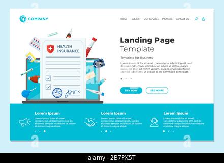 Krankenversicherungspolice Formular mit medizinischen Versorgungsmaterialien Medikamente Pillen Tabletten auf Laptop-Bildschirm. Online-Gesundheitswesen und Apotheke Medikamente Landing Page Design Vorlage Vektor Illustration Stock Vektor