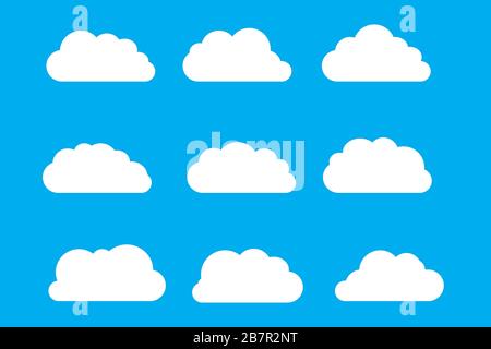 Satz von Wolkensymbolen im trendigen, flachen Stil, isoliert auf klassischem blauem Hintergrund. Weiße Wolken Symbole für Website-Design, Logo, App Stock Vektor