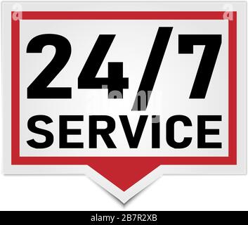 Rotes Symbol 24 7. Service 24 Stunden am Tag und 7 Tage die Woche Stock Vektor