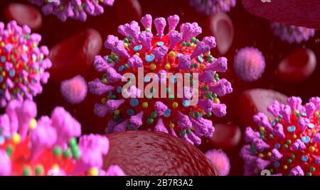 Coronavirus 2019-nCov Roman Coronavirus in Bloodstream. Medizinischer Hintergrund. Struktur des epidemischen Virus 3D Render. Stockfoto