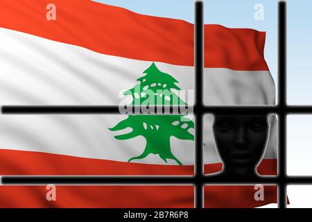 Silhouettenkopf hinter Gittern mit Flagge des Libanon. 3D-Rendering Stockfoto