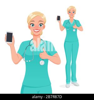 Lächelnde Pflegekraft zeigt leeren vertikalen Smartphone-Bildschirm mit Daumen nach oben. Isolierte Vektorgrafiken. Stock Vektor