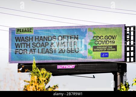 März 2020 San Jose/CA/USA - Covid19-Werbeplakat für Handwäsche für mindestens 20 Sekunden Stockfoto