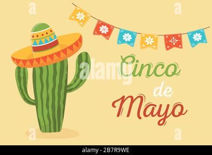 Kaktus mit Hutpfennige Dekoration Cinco de Mayo mexikanische Feier Vektor-Illustration Stock Vektor