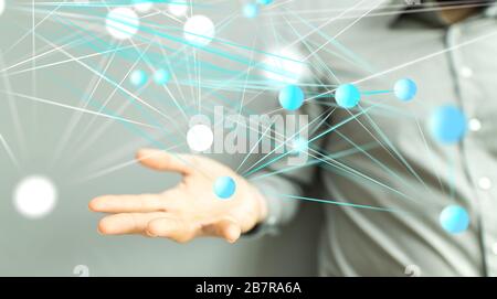Nahaufnahme einer Person, die die virtuelle Projektion von präsentiert Datentechnologie Stockfoto